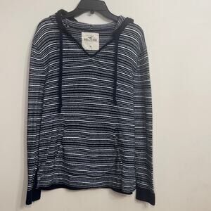 Hollister Striped Knit Hoodie Size Medium Navy White Lightweight Sweater